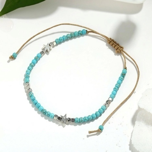 Star Beaded Anklet Hemp Adjustable Turquoise - Picture 6 of 10